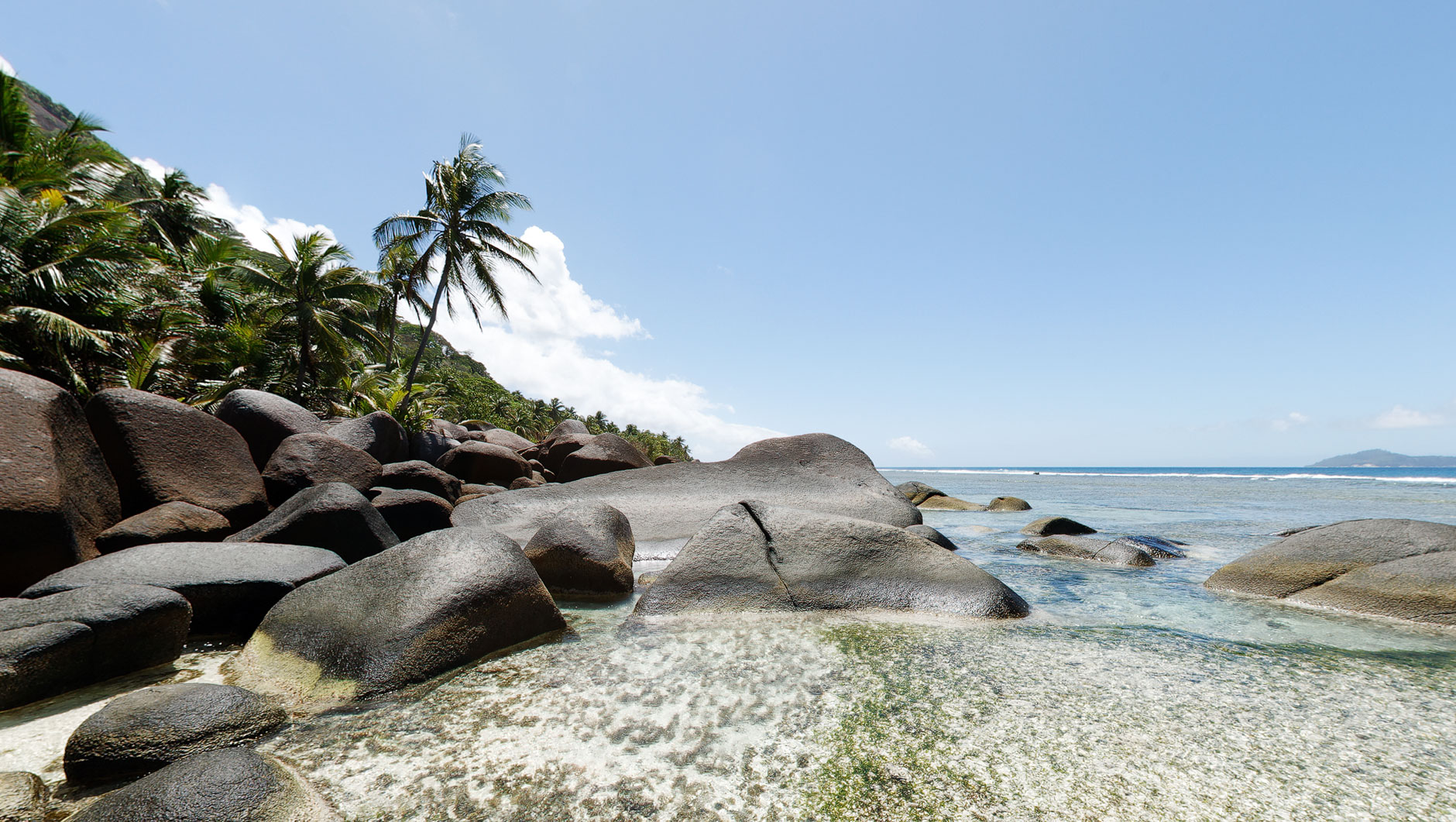 Ein einsamer Strand mit vielen Felsen und Palmen. Weißer Sand an einem Traumstrand auf den Seychellen. Meer und blauer Himmel.